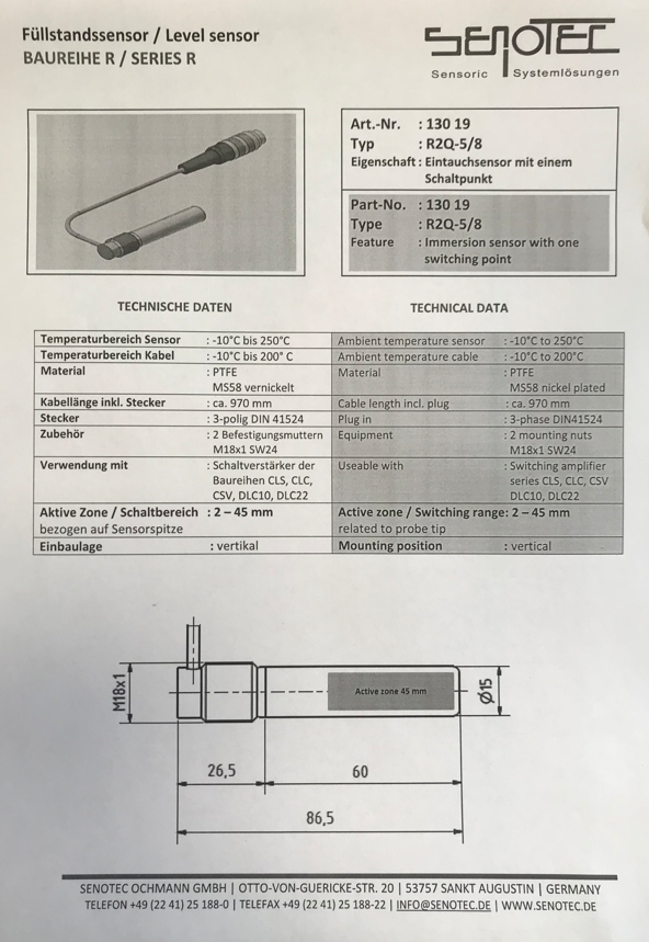 13019 Датчик уровня клея R2Q-5/8 Senotec