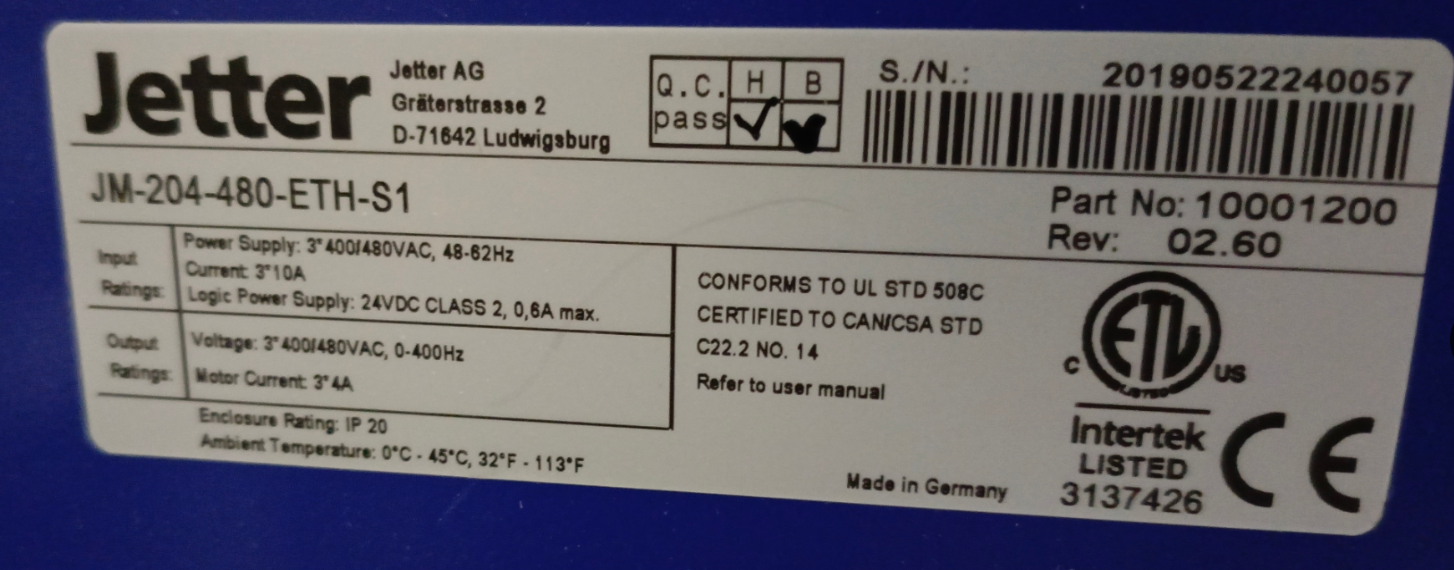 JM-204-480-ETH-S1 Частотный преобразователь Jetter / Bucher automation