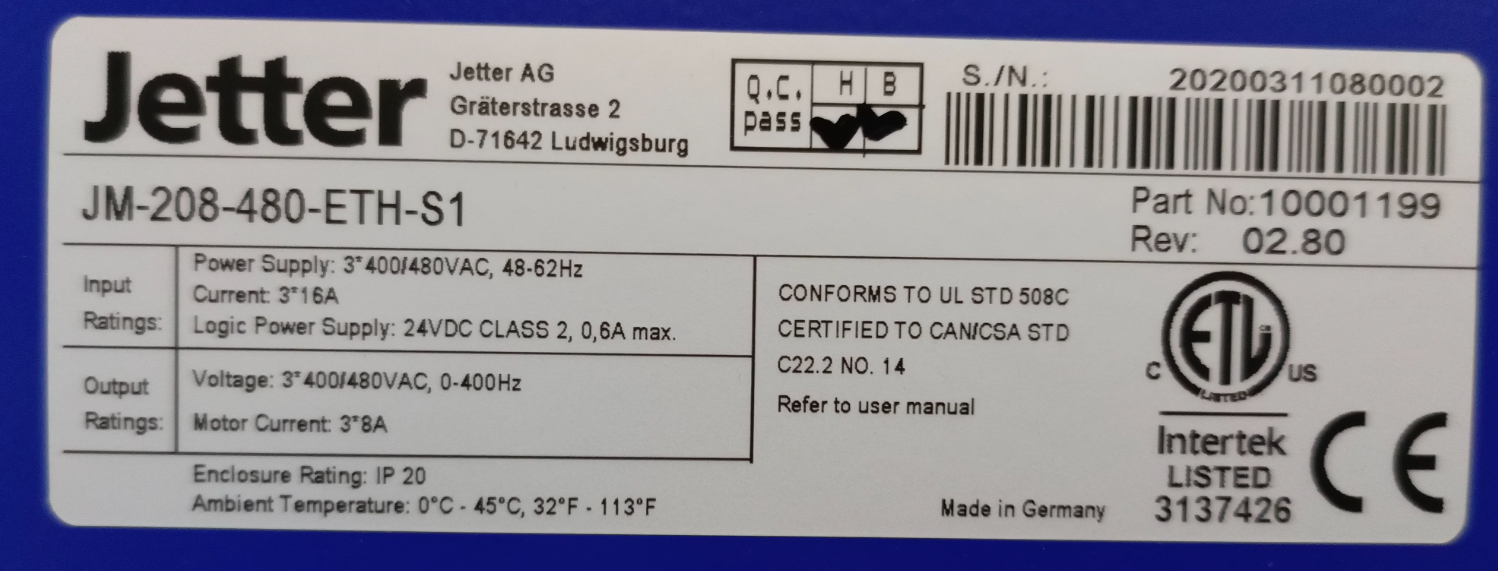 JM-208-480-ETH-S1 Частотный преобразователь Jetter / Bucher automation